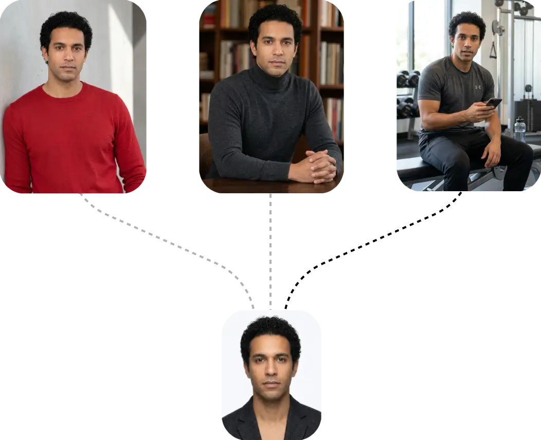 One AI avatar shown with different outfits, settings, and lighting