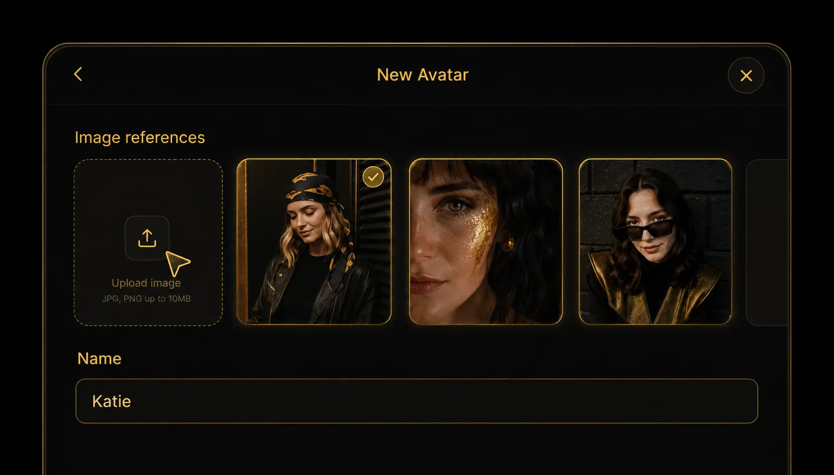 Avatar creation screen with image references and an identity name field