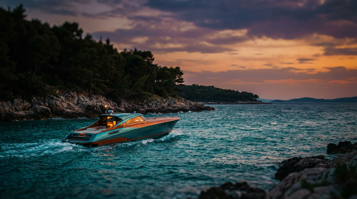 Speed boat travelling along a rocky coastline at sunset